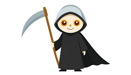 Obraz premium Cartoon figure in hooded cloak holding a scythe, with a simple, friendly face, standing against a white background
