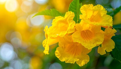 Close-up of vibrant yellow flowers, green leaves, and golden bokeh background on a sunny day