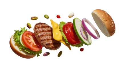 Exploded Burger Ingredients isolated on a transparent background 1