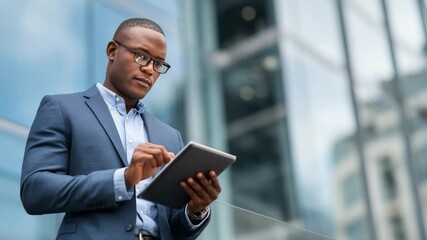Businessman in a suit using tablet outdoors in front of modern glass buildings, focusing on screen. - Powered by Adobe