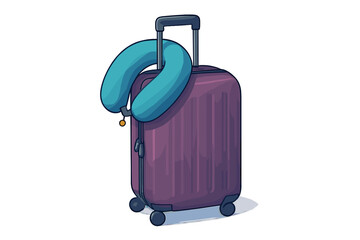 Purple hard shell suitcase with telescoping handle and blue travel neck pillow