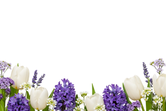 Spring flowers with white tulips and purple blooms on transparent background PNG