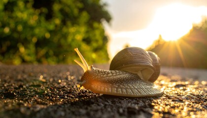 Snail glides on wet road, bathed in golden light, foliage blurred behind