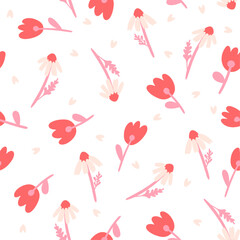 Vector chamomile and tulip seamless pattern. Hand drawn pink meadow flowers on white background. Floral cute print for summer wallpaper, fashion print design, fabric, textile, decoration, wrapping.
