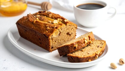 Banana bread loaf with slices, coffee, and honey jar on white plate and background, soft lighting