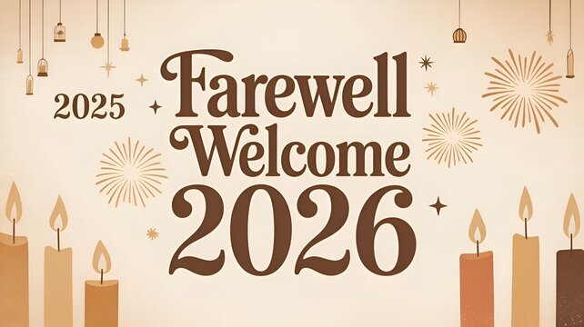 Farewell welcome graphic with candles, fireworks, and hanging decorations for the new year celebration