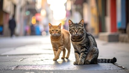 Two cats, orange tabby and grey tabby, sit/walk on a paved street, people in the distance, sunny