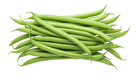 Isolated pile of fresh green beans ready to cook, string beans or snap beans, side view