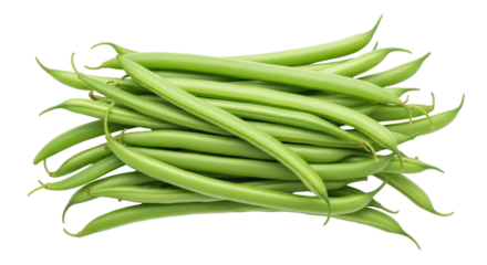 Isolated pile of fresh green beans ready to cook, string beans or snap beans, side view