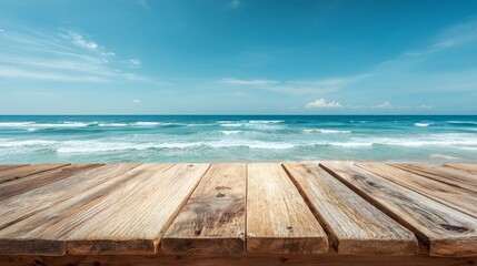 Fototapeta premium wooden table with a seaside background.