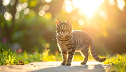 A tabby cat stands on a path with soft, golden sunlight streaming through the trees behind it