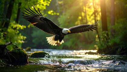 Bald eagle soars above sun-dappled river; lush green trees line the banks, radiating golden light