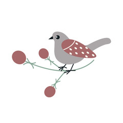 Bird on a branch with berries Flat design Vector illustration on white background Christmas design