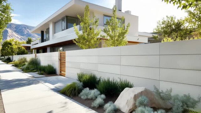 Modern concrete fence with clean lines, complemented by a landscaped path and trees against scenic mountain backdrop.