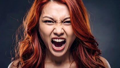 Asian woman with red hair screams with a menacing expression, teeth bared against a dark gray background
