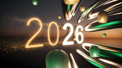 A festive display of the year 2026 with lanterns and sparkling effects in a dynamic composition style