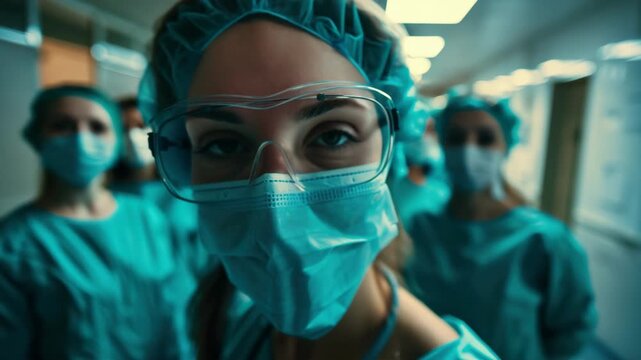 A woman wearing a blue surgical mask and a green lab coat. She is the only one with a clear face