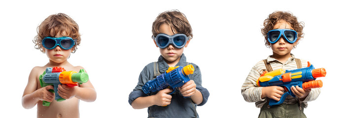 Three young boys wearing sunglasses and holding toy water guns.