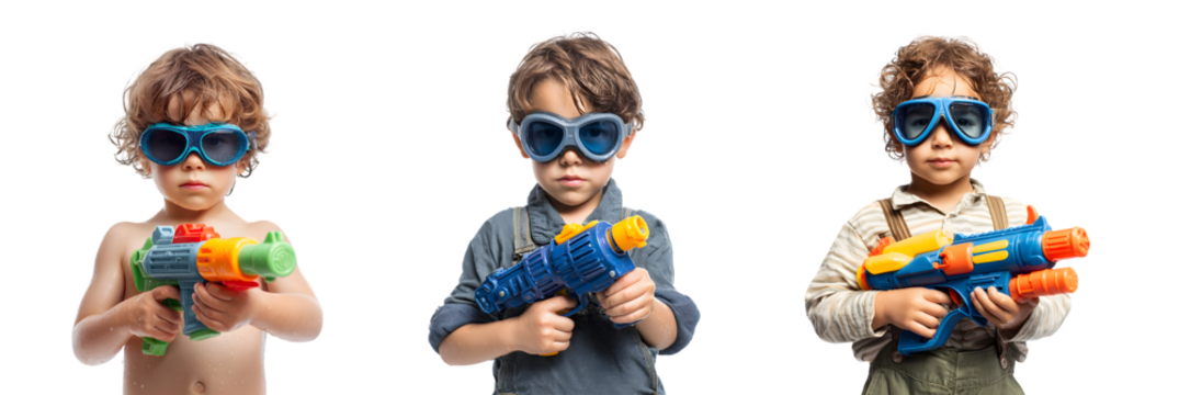 Three young boys wearing sunglasses and holding toy water guns. - Powered by Adobe