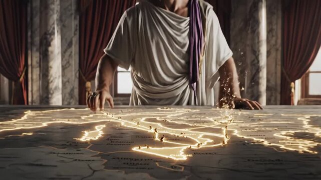 Roman emperor wearing a toga and laurel wreath standing over an ancient glowing war map, strategically planning military campaigns and expanding the empire with digital markers on the table