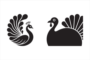 Stylized black silhouettes of two peacocks with detailed feather designs