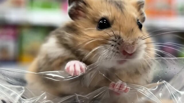 Small brown-and-white hamster peeks from clear plastic container, close-up portrait showing tiny paws, long whiskers and curious bright eyes in studio-style shot