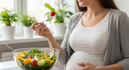 Pregnant hispanic woman enjoying healthy salad at home