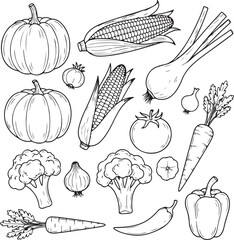 Various Vegetables Hand-Drawn Doodle Line Art Vector Illustratio