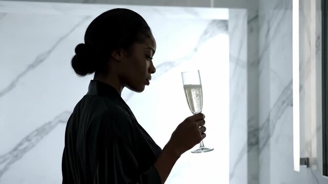 Black woman with elegant hairstyle wearing a black robe standing in a modern bathroom with marble walls, holding a glass of sparkling champagne, feeling relaxed and enjoying a moment of luxury