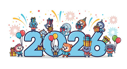 Obraz premium Playful and modern vector illustration of cute characters celebrating around big “2026” numbers with gifts, confetti, and balloons. Perfect for New Year branding and social media posts.