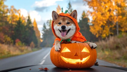 Shiba dog happily poses in a pumpkin costume, sitting inside a glowing jack-o'-lantern on a road