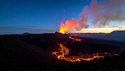 Volcanic eruption during twilight. Orange lava flows down the dark terrain under a blue sky with stars