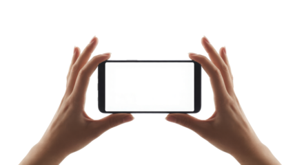 Hands holding smartphone landscape view isolated on a transparent background