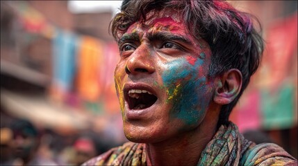 Vibrant celebration of Holi festival captures raw emotion of joy, with a person covered in colorful powders expressing pure exuberance and cultural excitement