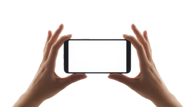Hands holding smartphone landscape view isolated on a transparent background - Powered by Adobe