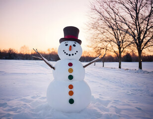 Obraz premium A cheerful snowman standing in the middle of a snowy field, with twinkling Christmas lights wrapped around nearby trees, creating a warm and festive atmosphere against the snow