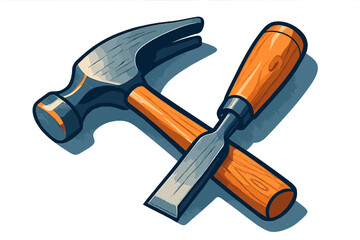 Classic claw hammer and wood chisel crossed over each other on a white background