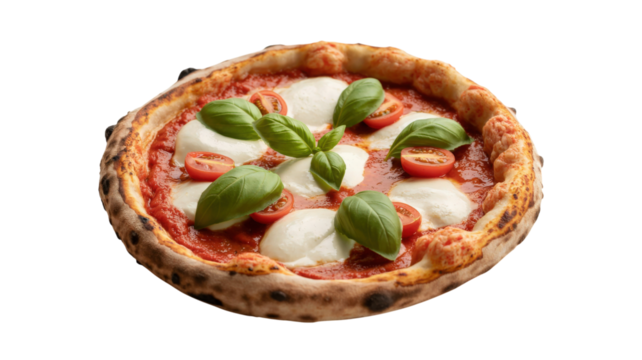 Margherita pizza with basil and tomatoes isolated on a transparent background