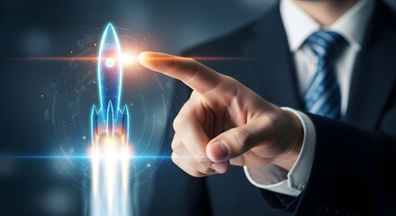 Businessman Activating Holographic Rocket Launch with Finger Futuristic Start Up Concept and Modern Technology Development