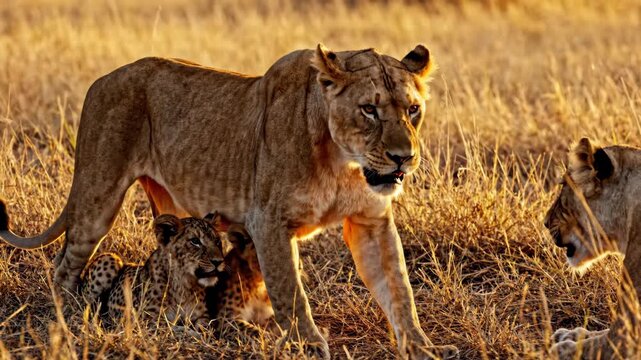 Lioness snarling to protect her two young cubs walking through dry grass, showing fierce maternal instinct in a golden hour savanna environment symbolizing family, defense, and wildlife