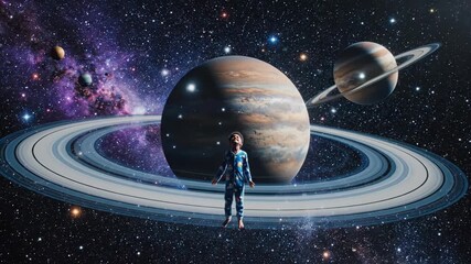 Young boy looking with wonder at an interactive holographic projection of the solar system, surrounded by planet models and space posters in his bedroom
