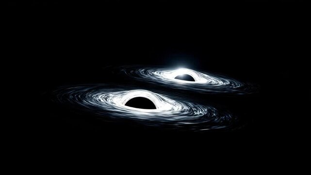 Two black holes surrounded by swirling accretion disks in deep space.