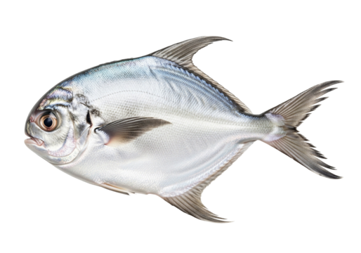 Silvery Oval-Shaped Fish with Prominent Fins on White Background