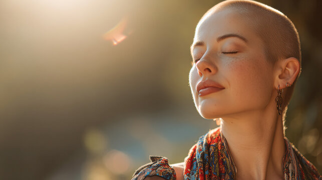 A serene portrait of a woman with a shaved head, eyes closed, basking in warm sunlight, exuding a sense of calm and tranquility.