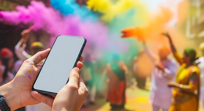 Person using smartphone at Holi festival of colors