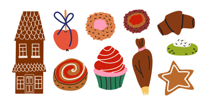 Traditional Christmas sweets elements. Hand drawn cartoon gingerbread, cookies, chocolate roll, stollen, cupcakes. Winter holiday baking set for greeting cards, recipe book, badges, stickers