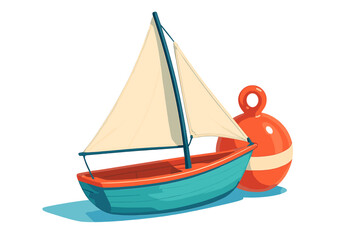 Small colorful sailboat floating next to a large orange navigational buoy