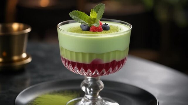 Matcha-Panna Cotta mit Fruchtgel&eacute;e