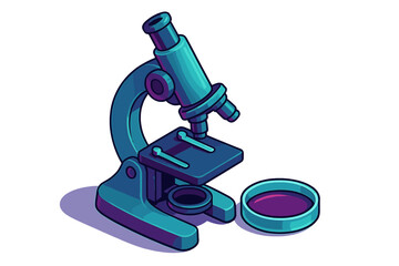 Blue microscope and petri dish representing scientific research and laboratory analysis