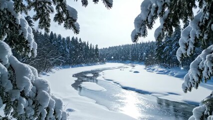 Snow-covered branches frame a winding, partially frozen river through a pristine winter pine forest under a bright sky with gentle falling snowflakes and sunlight glinting on ice - Powered by Adobe